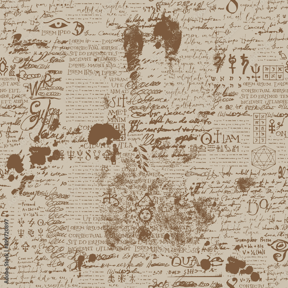 Abstract seamless pattern with handwritten text Lorem Ipsum, old newspaper text, scribbles and blots. Vector repeating background in grunge style. Suitable for wallpaper, wrapping paper, fabric
