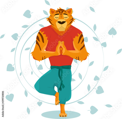 anthropomorphic tiger mascot illustration on the theme of yoga