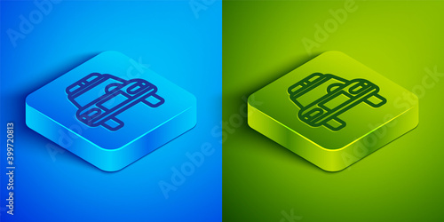 Isometric line Police car and police flasher icon isolated on blue and green background. Emergency flashing siren. Square button. Vector.