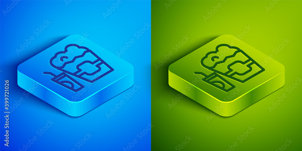 Isometric line Popcorn in cardboard box and paper glass with drinking straw and water icon isolated on blue and green background. Soda drink glass. Square button. Vector. Isometric line Popcorn in cardboard box and paper glass with drinking straw and water icon isolated on blue and green background. Soda drink glass. Square button. Vector.