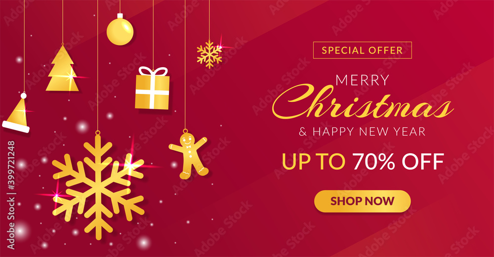 Christmas sale banner with golden decoration