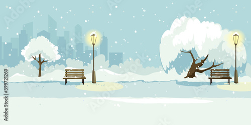 Abstract landscape -- winter park in the big city. Vector illustration, background with trees and high buildings.	