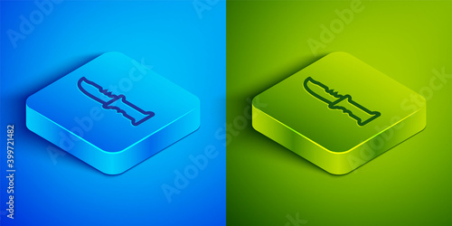 Isometric line Military knife icon isolated on blue and green background. Square button. Vector.