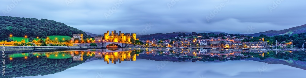 Panorama of Conwy town with reflection in North Wales, UK
