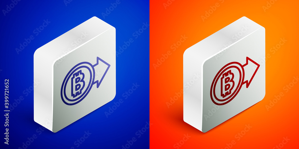 Isometric line Cryptocurrency coin Bitcoin icon isolated on blue and orange background. Physical bit coin. Blockchain based secure crypto currency. Silver square button. Vector. Isometric line Cryptocurrency coin Bitcoin icon isolated on blue and orange background. Physical bit coin. Blockchain based secure crypto currency. Silver square button. Vector.