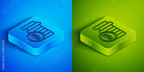 Isometric line Cryptocurrency coin Bitcoin icon isolated on blue and green background. Physical bit coin. Blockchain based secure crypto currency. Square button. Vector.