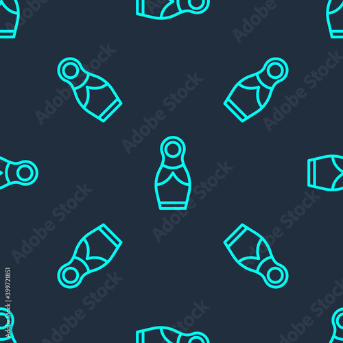 Green line Russian doll matryoshka icon isolated seamless pattern on blue background. Vector.