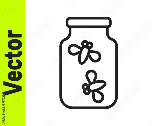 Black line Fireflies bugs in a jar icon isolated on white background. Vector.