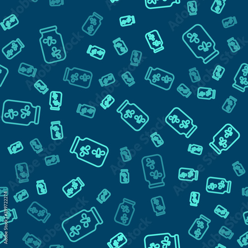 Green line Fireflies bugs in a jar icon isolated seamless pattern on blue background. Vector.