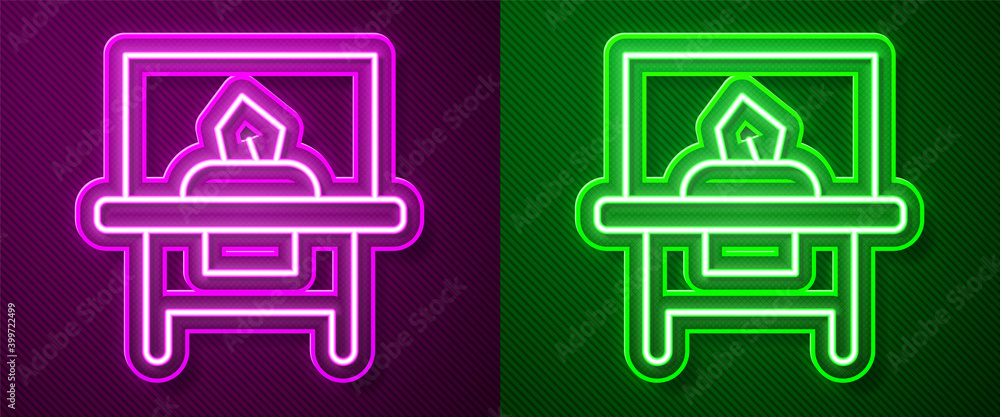 Glowing neon line Glass showcase for exhibit icon isolated on purple and green background. Vector. Glowing neon line Glass showcase for exhibit icon isolated on purple and green background. Vector.