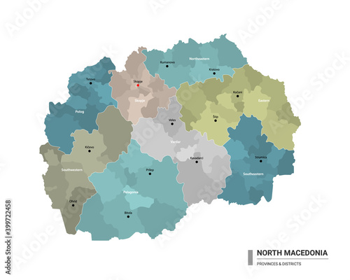 North Macedonia higt detailed map with subdivisions. Administrative map of North Macedonia with districts and cities name, colored by states and administrative districts. Vector illustration.