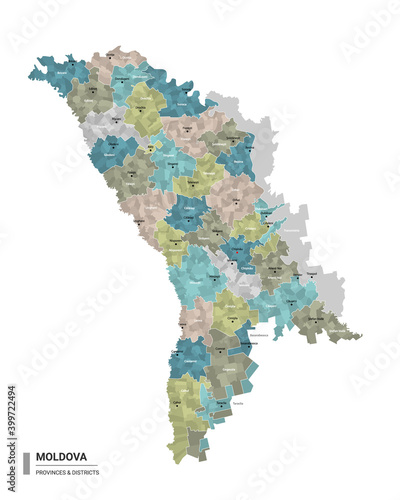 Moldova higt detailed map with subdivisions. Administrative map of Moldova with districts and cities name, colored by states and administrative districts. Vector illustration.