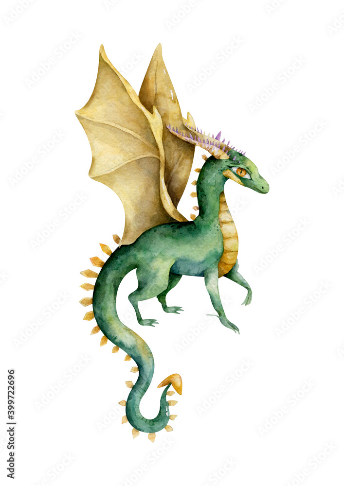 Obraz premium Golden and green cute dragon. Hand drawn watercolor cartoon isolated illustration on white background