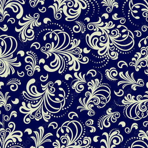 Seamless blue background with beige pattern in baroque style. Vector retro illustration. Ideal for printing on fabric or paper for wallpapers, textile, wrapping. © bulbbright