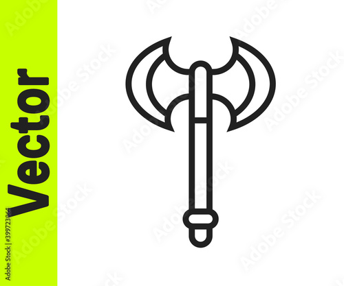 Black line Medieval axe icon isolated on white background. Battle axe, executioner axe. Medieval weapon. Vector.