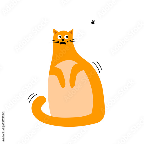 Illustration with timid ginger cat and fly.