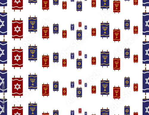 Blue Red Torah scroll with Gray star of David and Gold menorah seamless pattern on White background