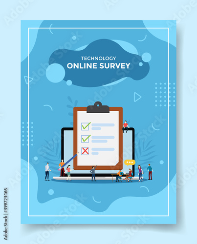 technology online survey people standing sitting front laptop fill check list form on laptop screen display for template of banners,