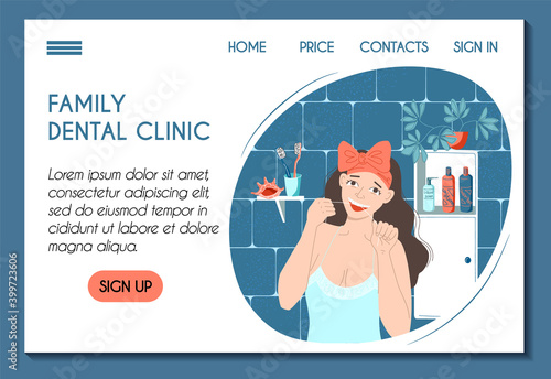 Web page template for a dental clinic. Tooth health oral hygiene. Girl using dental floss for her daily self care. Stock modern flat illustration concept for landing page. Website ui ux design.