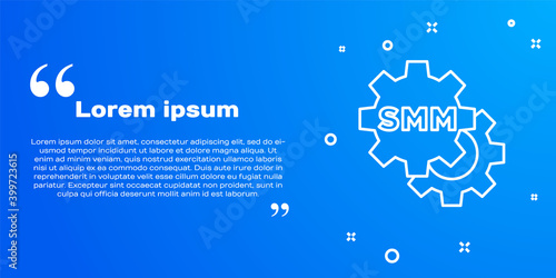 White line SMM icon isolated on blue background. Social media marketing, analysis, advertising strategy development. Vector.