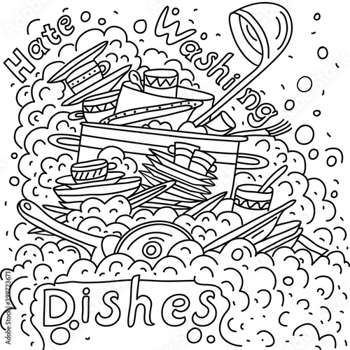 Sink with dirty dishes, vector illustration. Washing-up and cleaning, dishwashing