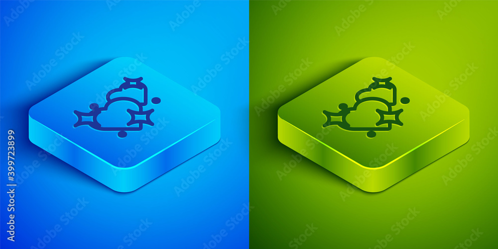 Isometric line Two Linked Hearts icon isolated on blue and green background. Romantic symbol linked, join, passion and wedding. Valentine day symbol. Square button. Vector. Isometric line Two Linked Hearts icon isolated on blue and green background. Romantic symbol linked, join, passion and wedding. Valentine day symbol. Square button. Vector.
