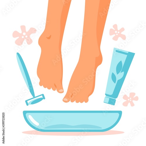 Foot bath in bowl with flower, cream, callus remover tool at home. Legs care concept. Treatment of feet and nails. Vector flat illustration. Cosmetic procedure for women.
