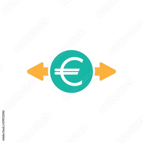 Two orange arrows with euro sign in blue circle. Flat icon. Isolated on white.
