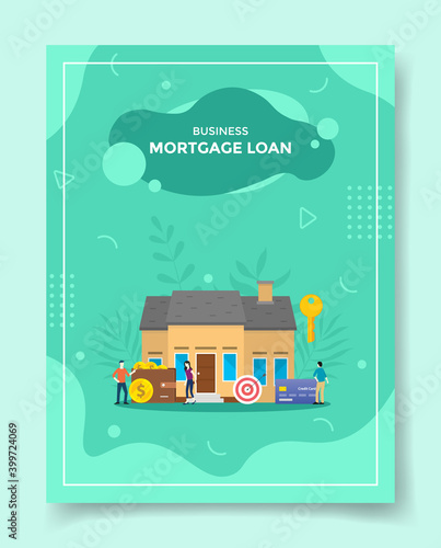 business mortgage loan people front house wallet target plan card bank key for template of banners, flyer, books cover, magazines
