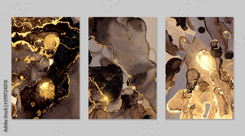 Set of gold and black flyers with geode. Marble abstract pattern. Alcohol ink technique stone texture. Vector background. Modern paint with glitter. Banner, poster design template.