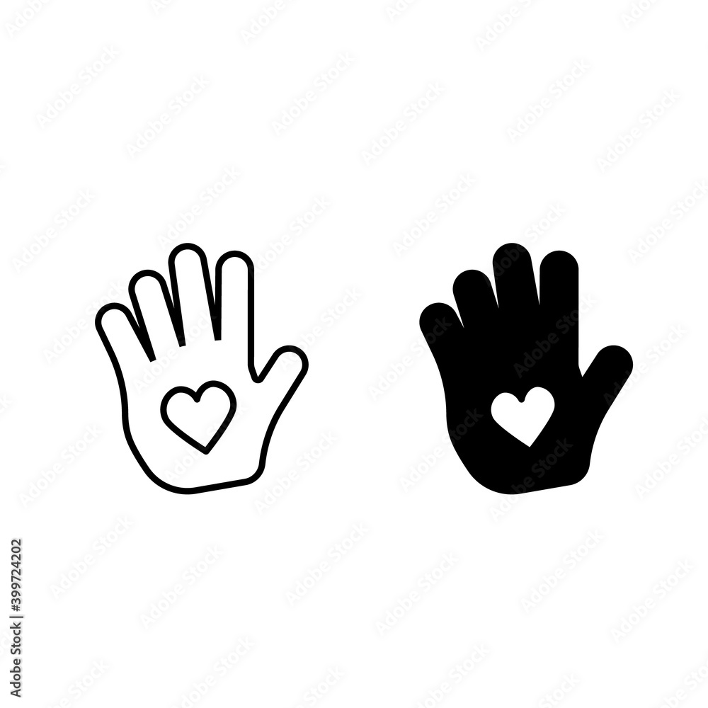 Set of Heart in palm line icon.