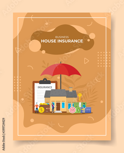 business house insurance people around house umbella contract policy insurance target money credit card key wallet for template of banners, flyer, books cover, magazines with liquid shape style