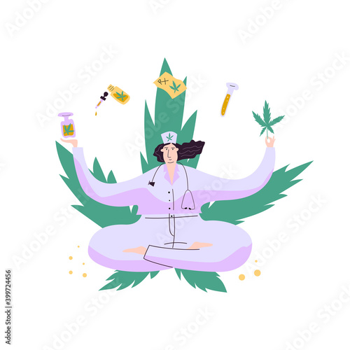 Doctor surrounded by cannabis drugs on marijuana