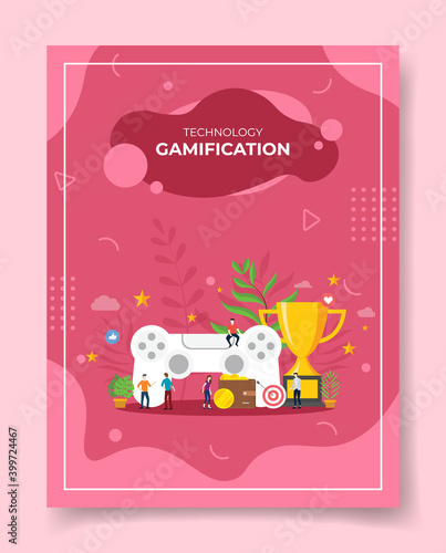 technology camification people around joystick trophy target wallet money coin for template of banners, flyer, books cover, magazines with liquid shape style