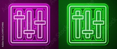 Glowing neon line Sound mixer controller icon isolated on purple and green background. Dj equipment slider buttons. Mixing console. Vector.