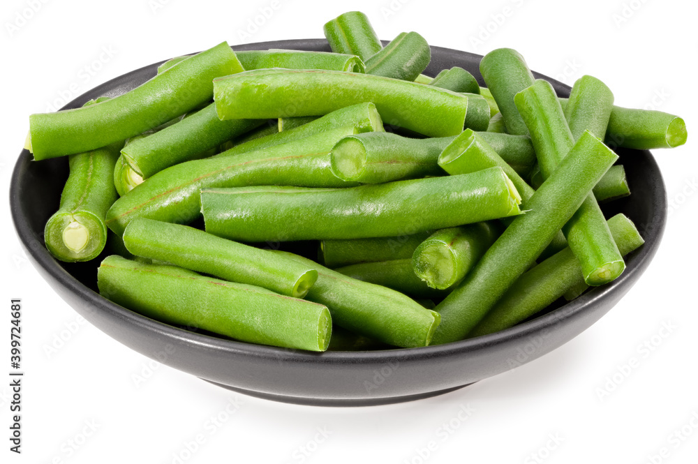 green beans in a black plate isolated on white background. Clipping path and full depth of field green beans in a black plate isolated on white background. Clipping path and full depth of field