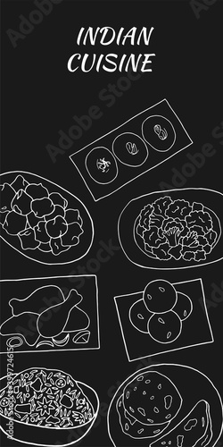 Vector hand drawn of indian cuisine poster with aloo gobi, biryani, laddu, naan, pakora, sandesh, chicken tandoori. Design sketch element for menu cafe, restaurant. Illustration on a dark background.