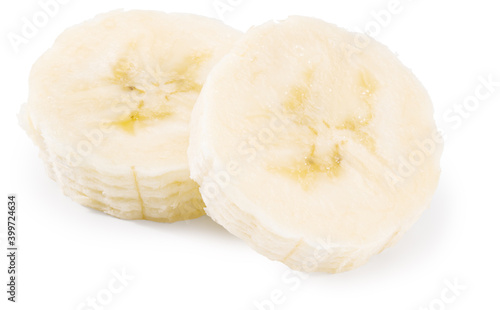 sliced banana isolated on white background. Clipping path and full depth of field