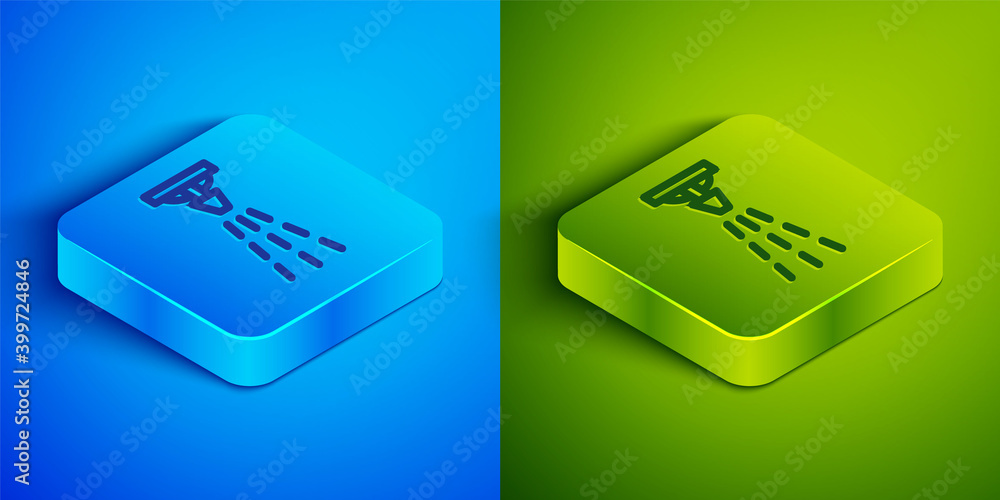 Isometric line Fire sprinkler system icon isolated on blue and green background. Sprinkler, fire extinguisher solid icon. Square button. Vector. Isometric line Fire sprinkler system icon isolated on blue and green background. Sprinkler, fire extinguisher solid icon. Square button. Vector.