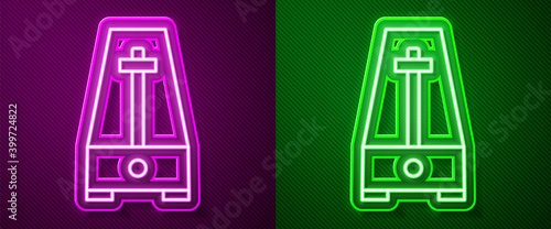 Glowing neon line Classic Metronome with pendulum in motion icon isolated on purple and green background. Equipment of music and beat mechanism. Vector.