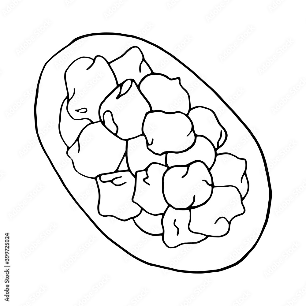 Vector hand drawn doodle sesame pakora. Indian dessert. Design sketch element for menu cafe, restaurant, label and packaging. Illustration on a white background. Vector hand drawn doodle sesame pakora. Indian dessert. Design sketch element for menu cafe, restaurant, label and packaging. Illustration on a white background.