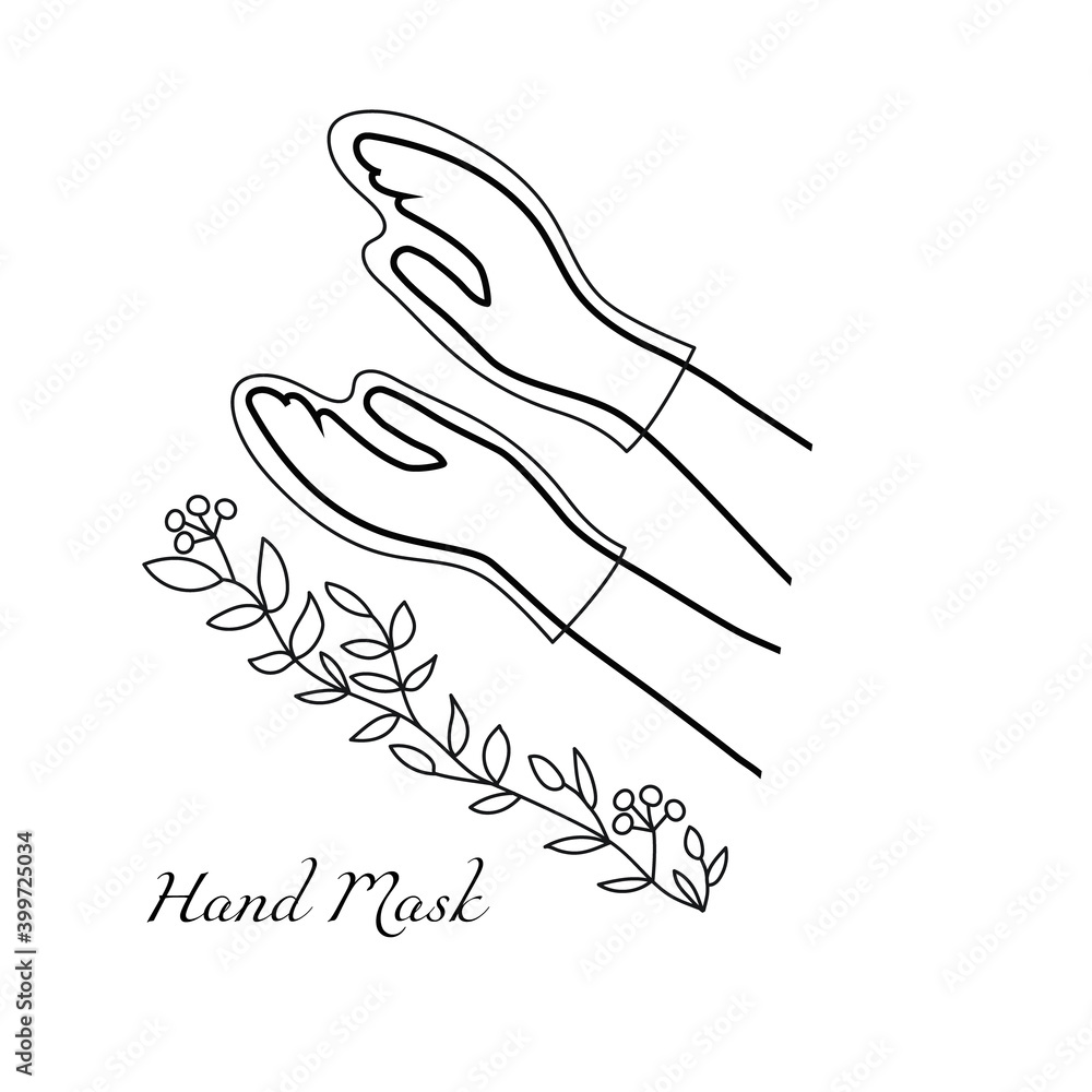 Mask in the form of gloves for hand skin care. Vector illustration of beautiful women's hands and a graceful tree branch with leaves. Cosmetic spa care at home