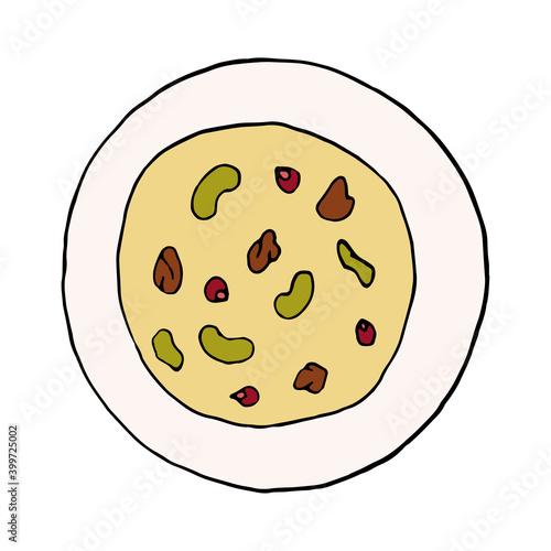 Vector hand drawn doodle navratan korma. Indian cuisine dish. Design sketch element for menu cafe, restaurant, label and packaging. Colorful illustration on a white background.