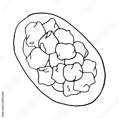 Vector hand drawn doodle sesame pakora. Indian dessert. Design sketch element for menu cafe, restaurant, label and packaging. Illustration on a white background.