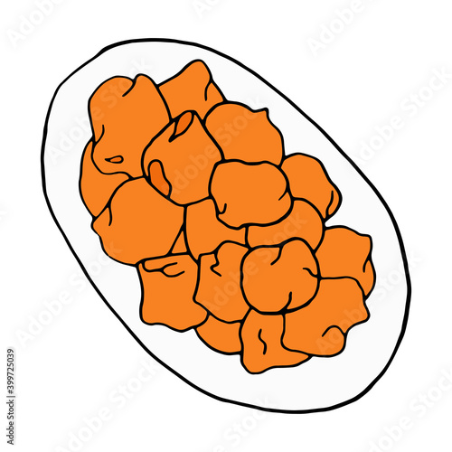 Vector hand drawn doodle pakora. Indian dessert. Design sketch element for menu cafe, restaurant, label and packaging. Colorful illustration on a white background.
