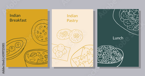 Hand drawn poster set with curry, malai kofta, navratan korma, aloo gobi, biryani, samosa, laddu, rasmalai. Design sketch element for menu cafe, restaurant, bakery and packaging.  Vector illustration.