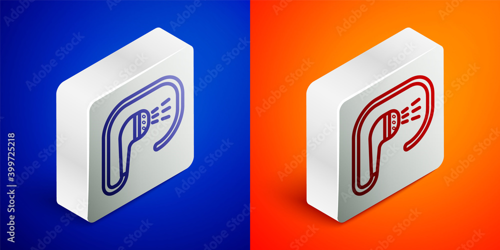 Isometric line Shower head with water drops flowing icon isolated on blue and orange background. Silver square button. Vector. Isometric line Shower head with water drops flowing icon isolated on blue and orange background. Silver square button. Vector.