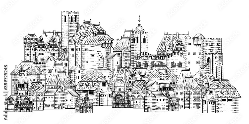 An old medieval town, city or village buildings drawing or map design element in a vintage engraved woodcut style