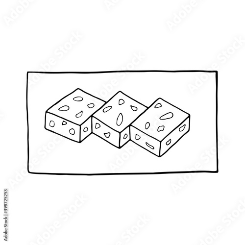 Vector hand drawn doodle sesame barfi. Indian dessert. Design sketch element for menu cafe, restaurant, label and packaging. Illustration on a white background.