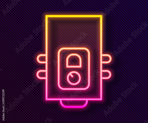 Glowing neon line Gas boiler with a burning fire icon isolated on black background. Vector.